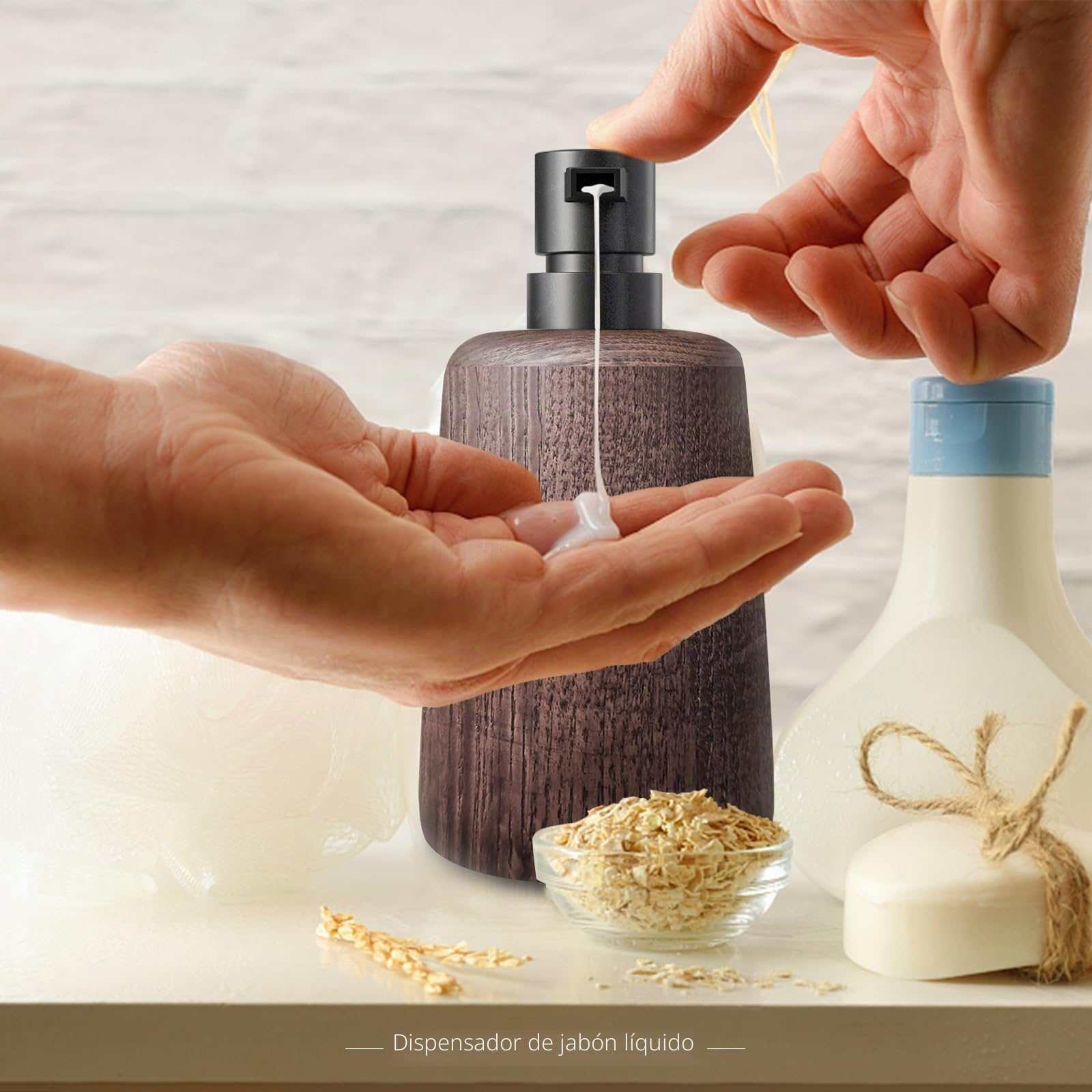 Dispensador de jabón hecho a mano de madera marrón oscuro, bomba de plástico, decoración elegante de baño, bomba de loción recargable, botella de ducha, fondo antideslizante, duradero y