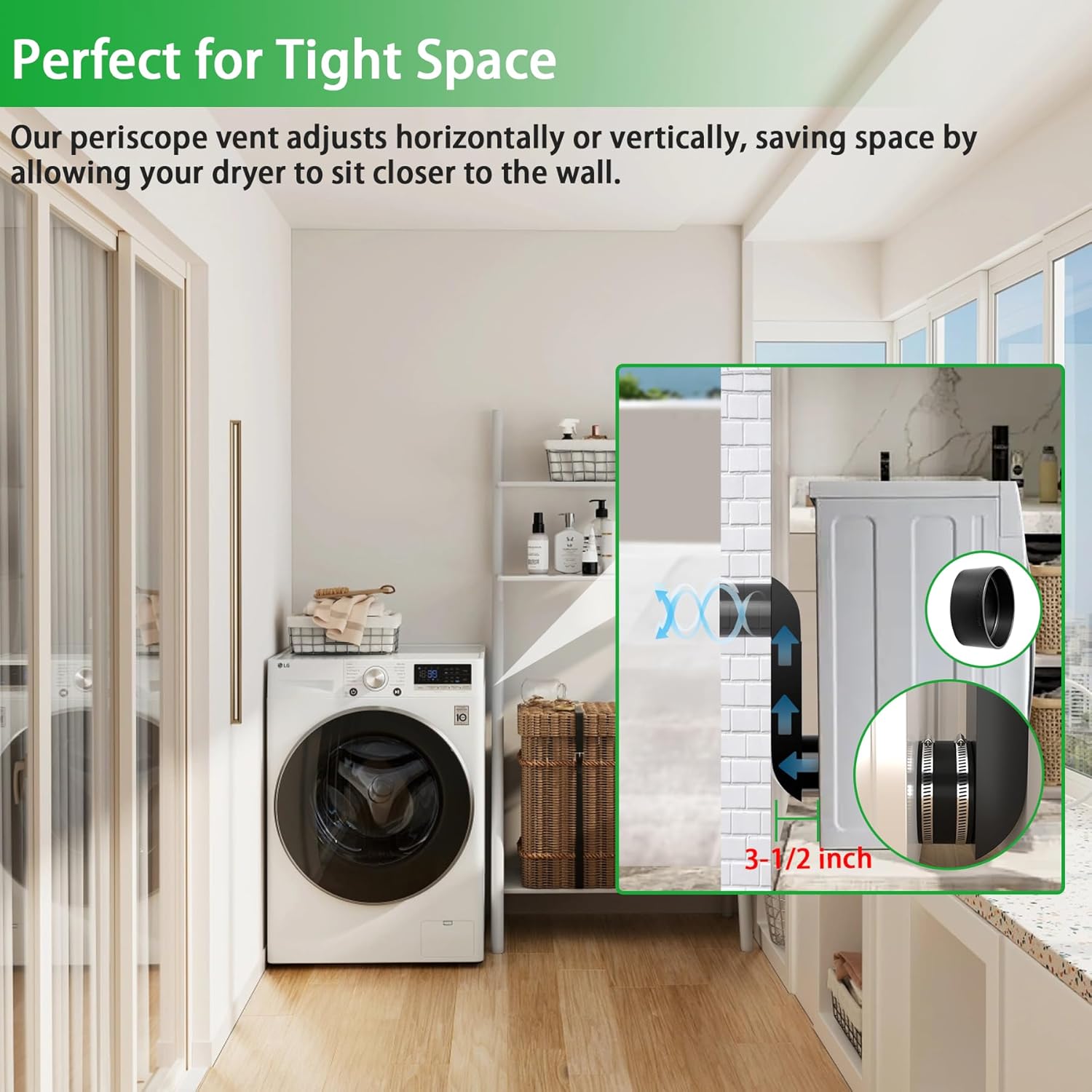 Stainless Steel Adjustable Periscope Dryer Vent Kit (9.5-14.5") - Low Profile 4 Inch Telescoping Duct for Tight Spaces - Flat & Slim Universal Fit for Whirlpool- Fire-Safe Offset Design