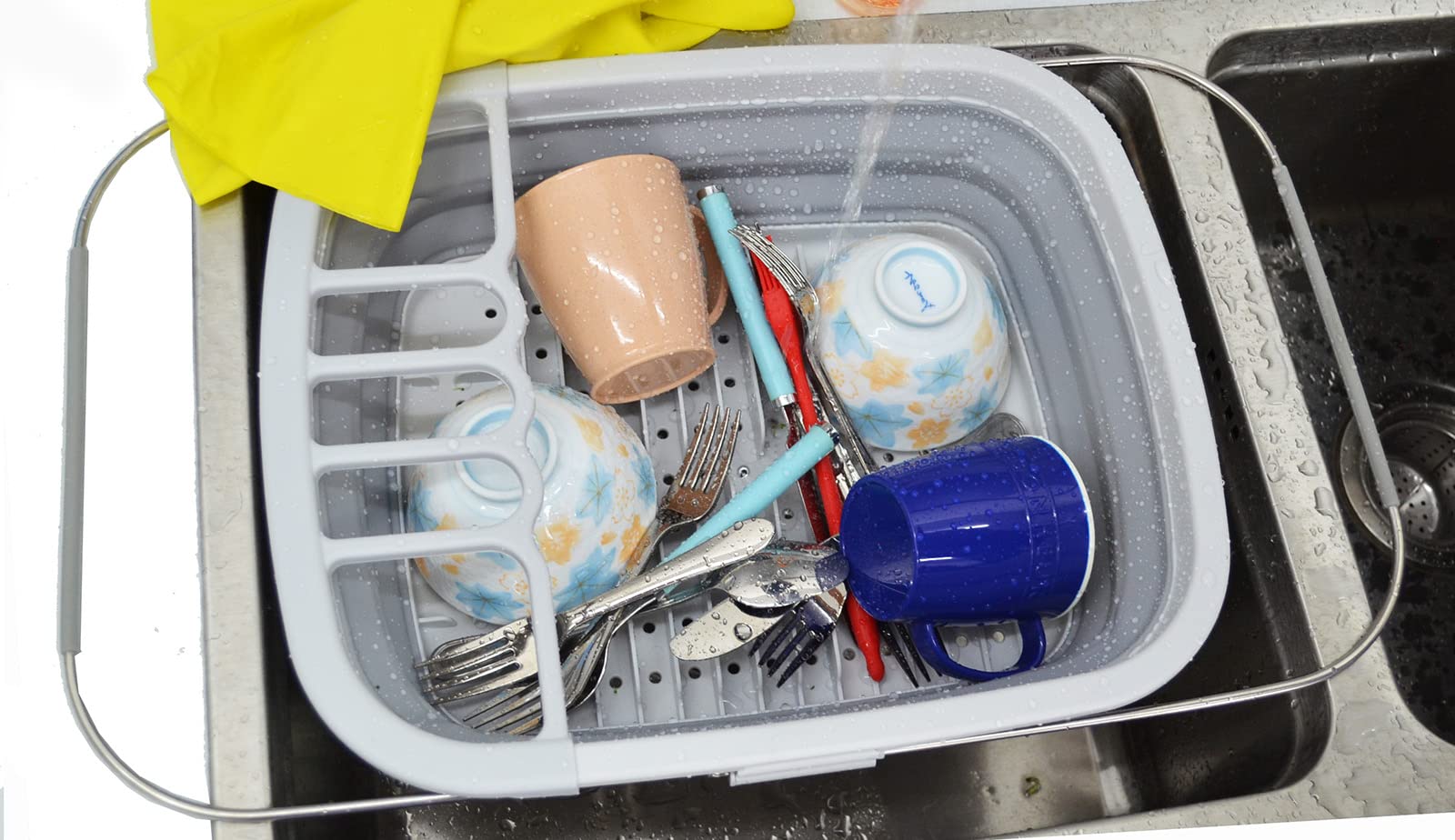 SAMMART Escurridor de platos plegable expandible de 8 L (2.11 galones), estante de secado plegable, organizador de vajilla portátil, bandeja de almacenamiento de cocina que ahorra espacio (gris, 1)