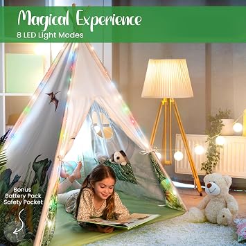 W&O Dinosaur Discovery Teepee with LED Lights, Roar Button & Plush Mat | Dinosaur Teepee Tent for Kids with LED Lights, Roar Button, Plush Mat & Stable Design. Great Gift for Indoor Play, Ages 3-7