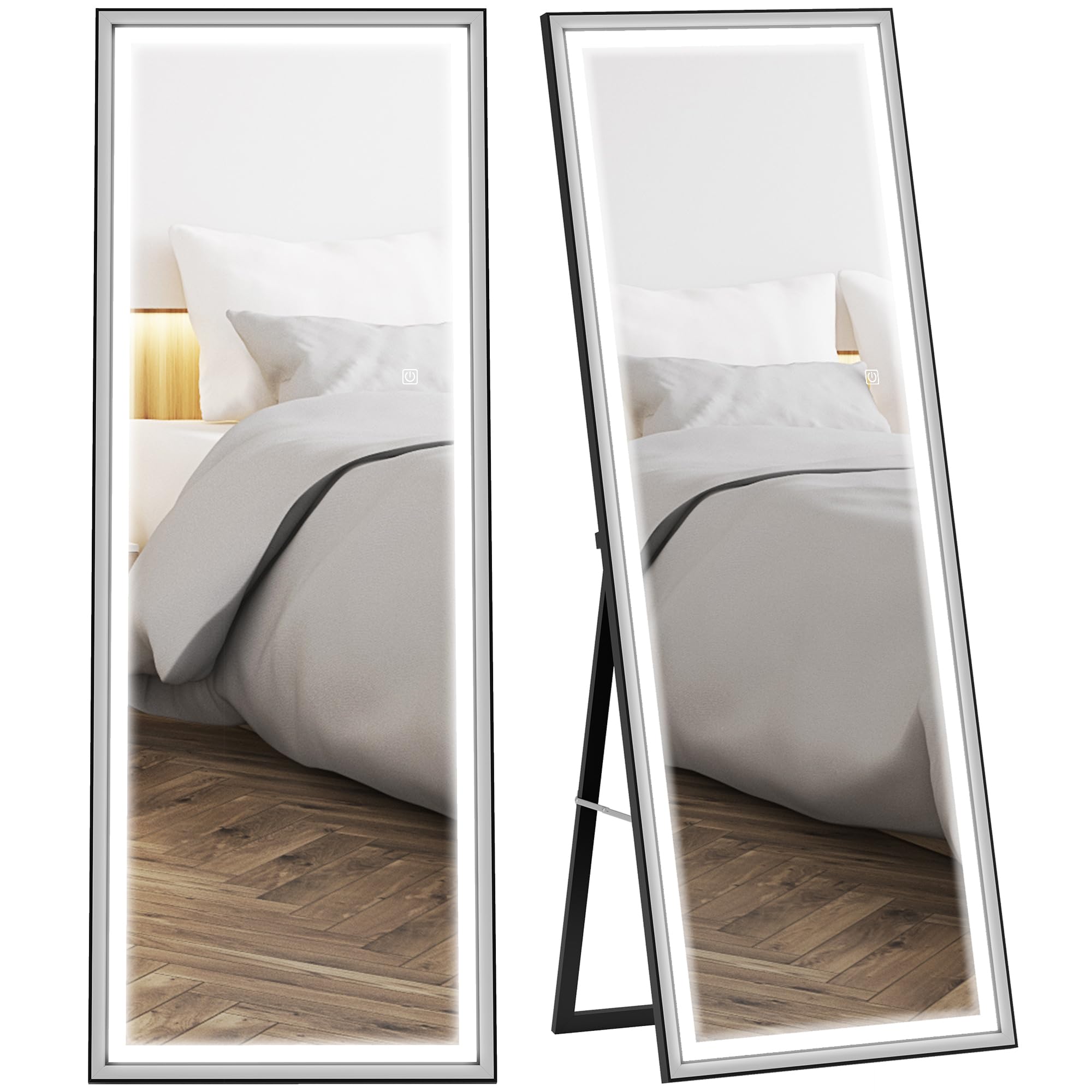HOMCOM Espejo de Pie Cuerpo Entero con Luces, 165x60 cm, Espejo de Cuerpo Entero, 3 Temperaturas de Color, Brillo Ajustable, Independiente, Apoyado y de Pared, para Dormitorio, Salón, Blanco y Negro