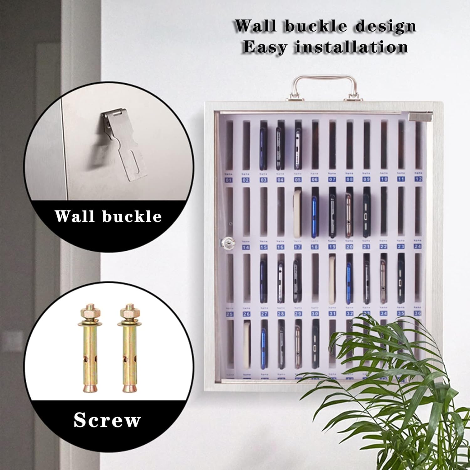 Stainless Steel Cell Phone Storage Cabinet Wall Mounted 12, 24 Position Cell Phone Storage Box with Safety Lock and Handle for School, Factory,24 ()
