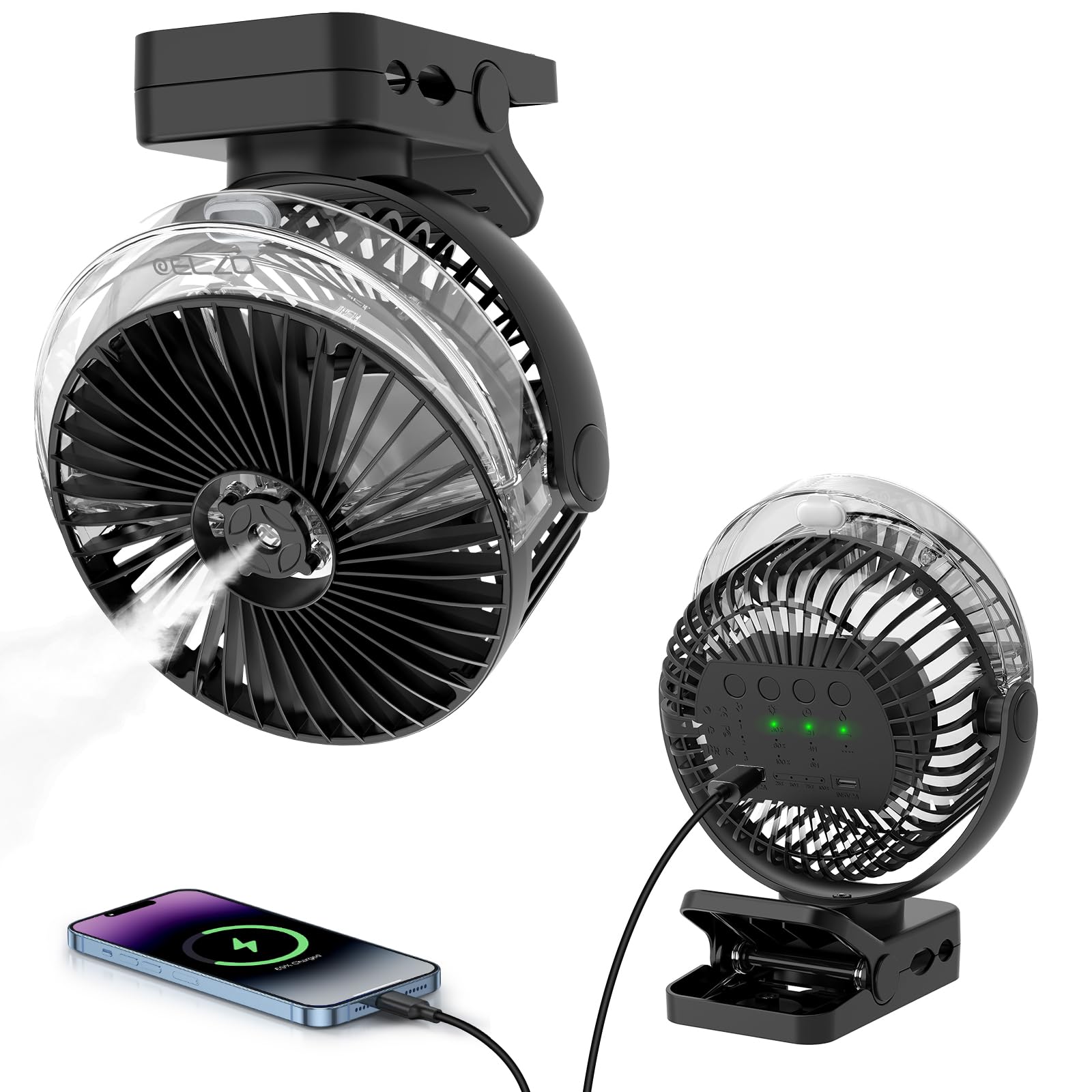 ELZO Ventilatore da campeggio da 12000 mAh, ventilatore da tavolo USB con luce a LED e funzione spray, gancio di sospensione e chiusura magnetica, silenzioso ventilatore a clip di rotazione a 360°