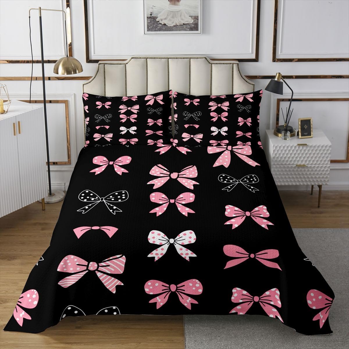 jejeloiu Balck Pink Bow Bedspread 3 Pieces King Size Princess Style Bowknot Coverlet Set Soft Cozy Polka dot Lightweight Quilted Coverlet for All Season with 2 Pillowcases