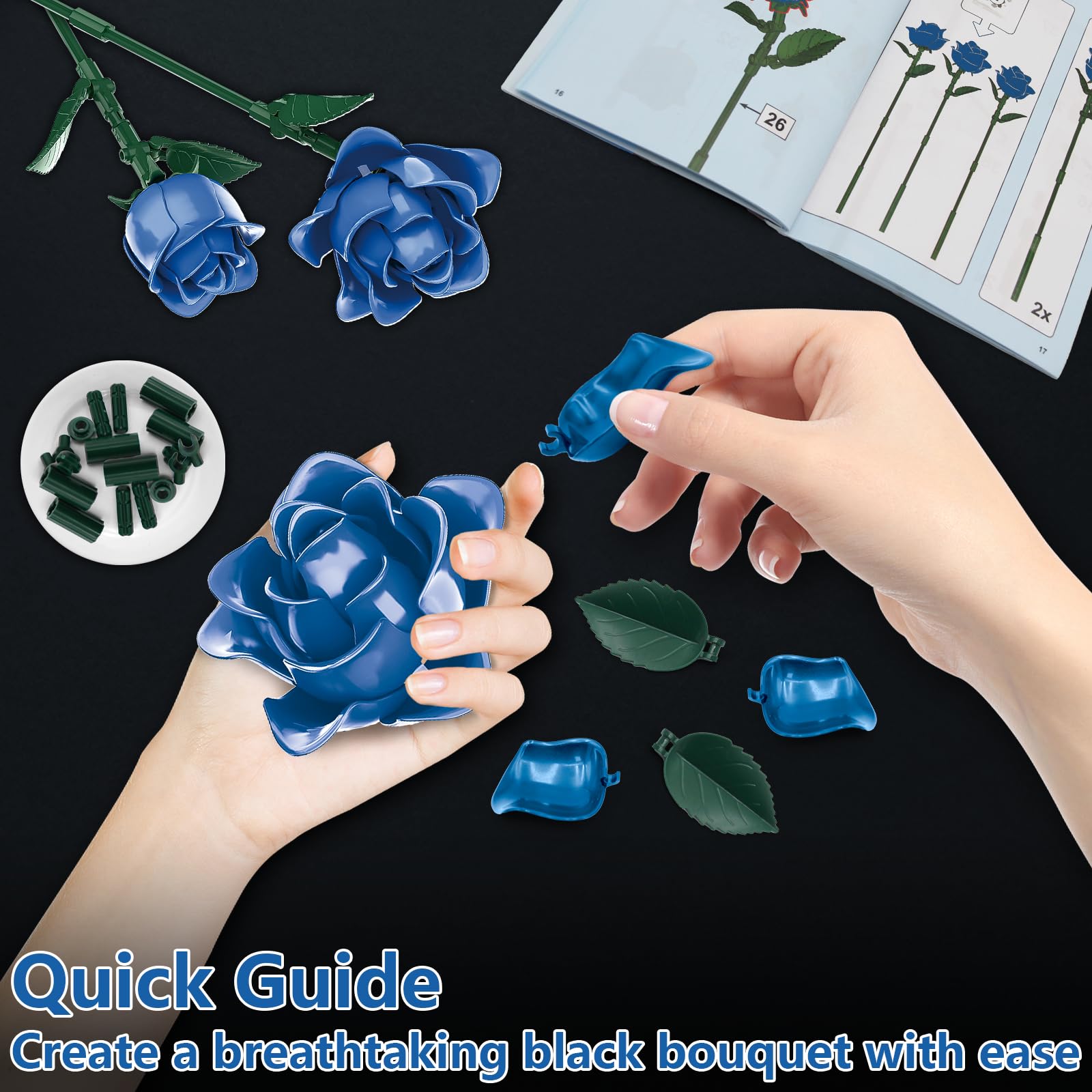 kiothdre Kit de Construction de Bouquet de Roses Bleues - Collection Botanique en Fleurs Artificielles, Cadeau DIY pour Femmes (Saint-Valentin & Fête des Mères) - Décoration Intérieure