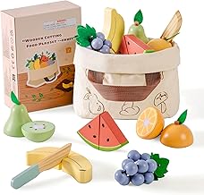 ROBOTIME Wooden Fruit Cutting Set for Children - Realistic Fruit Cutting Set with Wooden Banana, Pear, Watermelon, Grapes & Accessories, Montessori Spring Learning Toy
