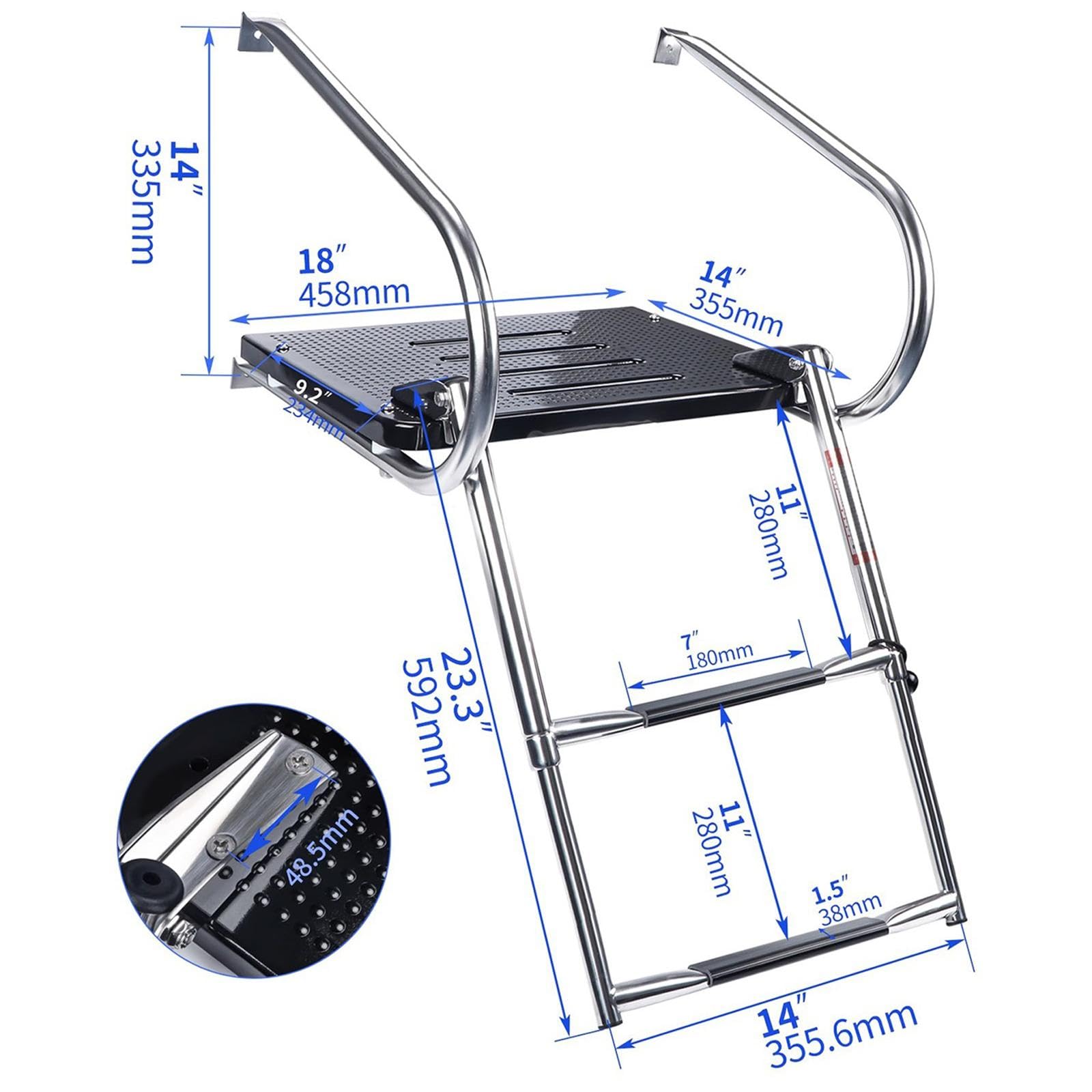 kowaku 2 Steps Boat Ladder Stainless Steel Accessories Anti Slip Boat Swim Ladders Premium Detachable Folding Ladder with Platform, Black