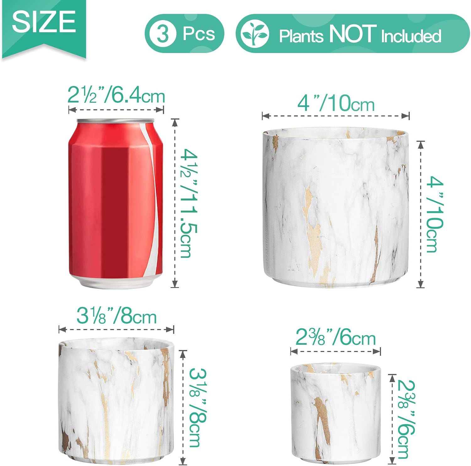 T4U Ceramic Plant Pot, 4/3/2.5 Inch Cylinder Succulent White and Gold Marbling Texture Set of 3, Modern Garden Flower Planter with Drainage Hole, Cactus Herb Container for Indoor Home Office Decor