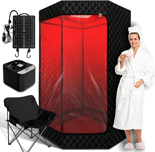 Red Light Sauna Box for Relaxation,Detoxification,Portable Steam Sauna for Home with XL Steamer,16 Levels, 71”x 35”x35”,Double Doors,Larger Folding Chair, Gym-Black,