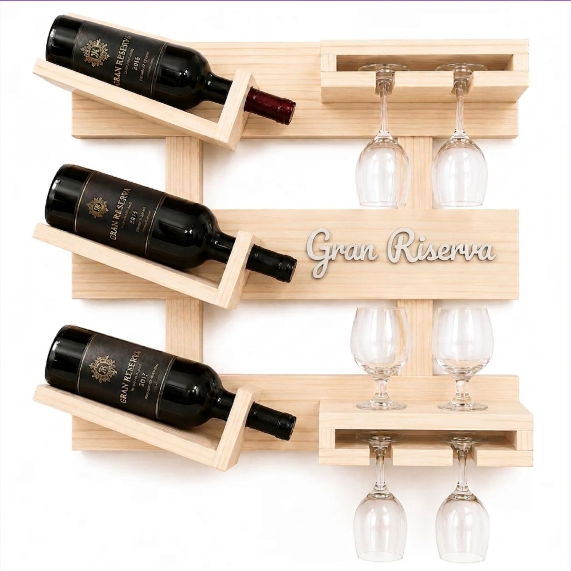 Portabottiglie da Parete in Legno - NIRALIS - Scaffale porta 3 bottiglie e 6 calici personalizzabile con lettere in rilievo, mobile bar soggiorno già montato - 60 x 50 cm (Legno naturale)
