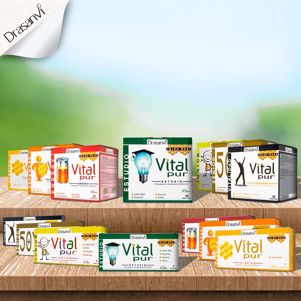 Drasanvi VITALPUR SENIOR Jalea Real 10 HDA 4-5 %| con Hierro, Magnesio, Selenio, Glutamina y Luteína| para el Cansancio y la Fatiga | 750 mg/día | con Stevia | 20 Viales = 20 Días | Sabor Naranja