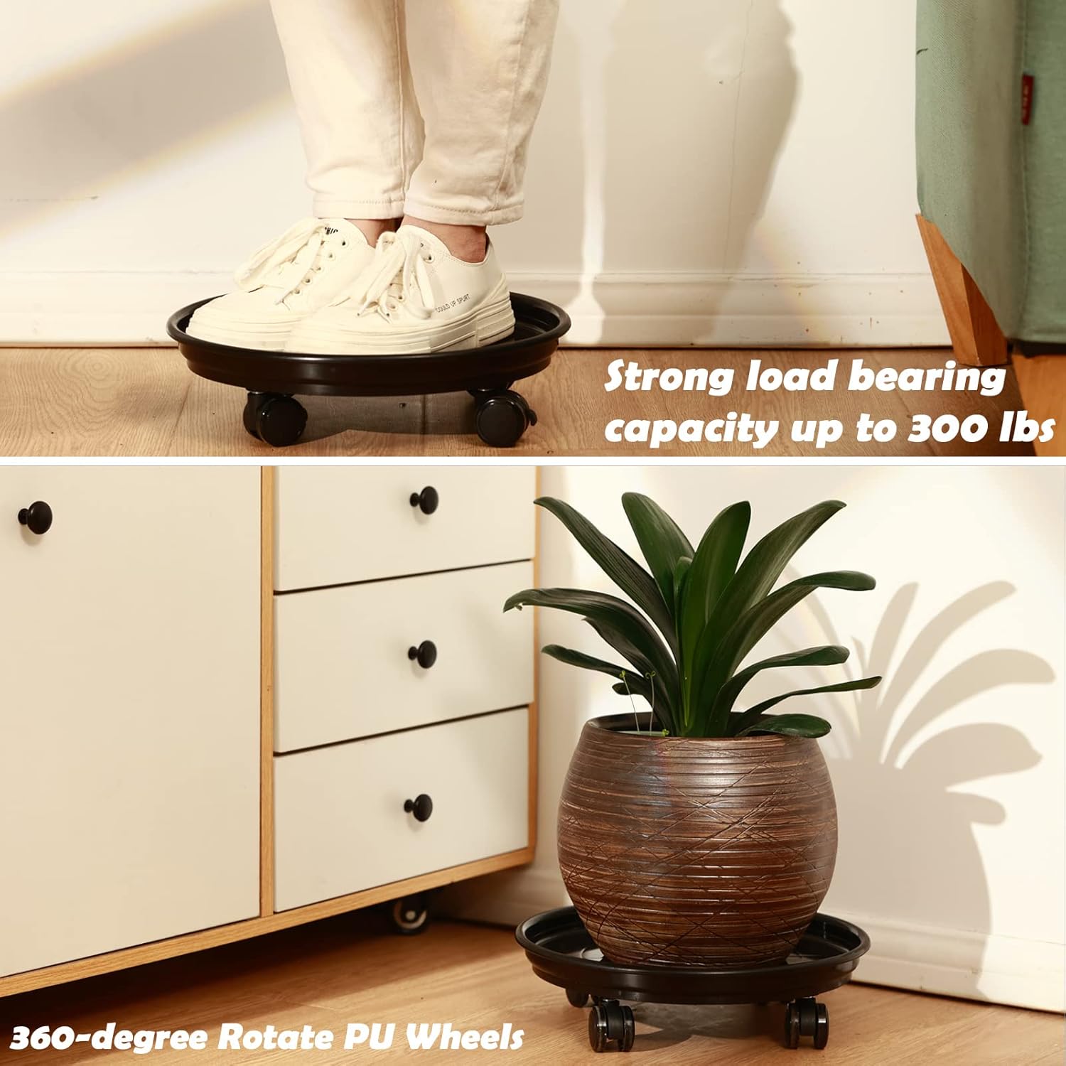 8 Packs 12 Inches Plant Caddy with PU Wheels Large Rolling Plant Stands Plastic Plant Roller Base Pot Movers Planter Saucer on Wheels Indoor Outdoor Wheeled Plant Dolly Planter Tray Coaster