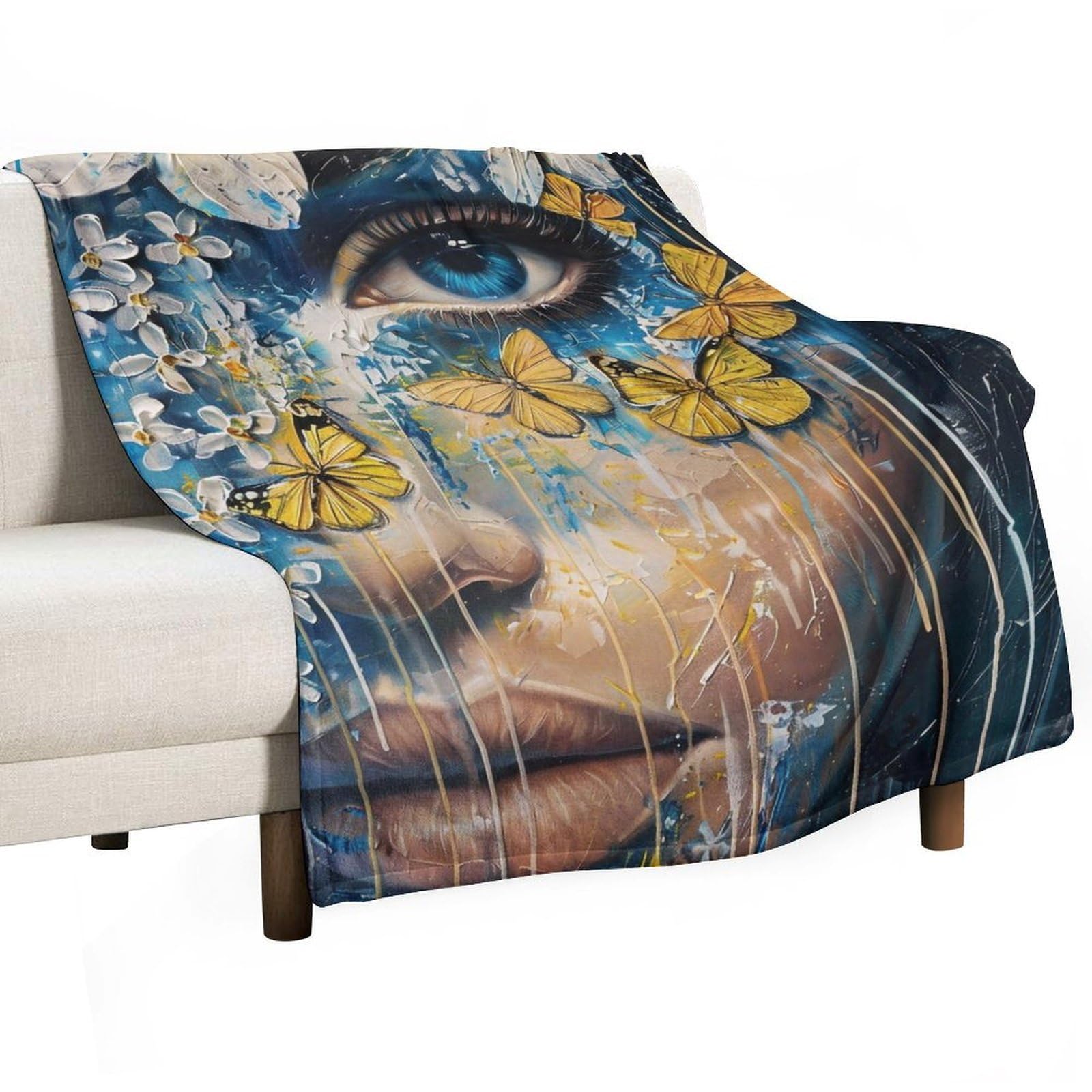 YHGSREUOH Blue Eye Floral Butterfly Woman Surreal 02 Flannel Blankets Fleece Soft Throw Lightweight Plush Gifts for Couch, Bed, Cozy Sofa Plush, Chair, Lovers 150x200cm(60x80in)