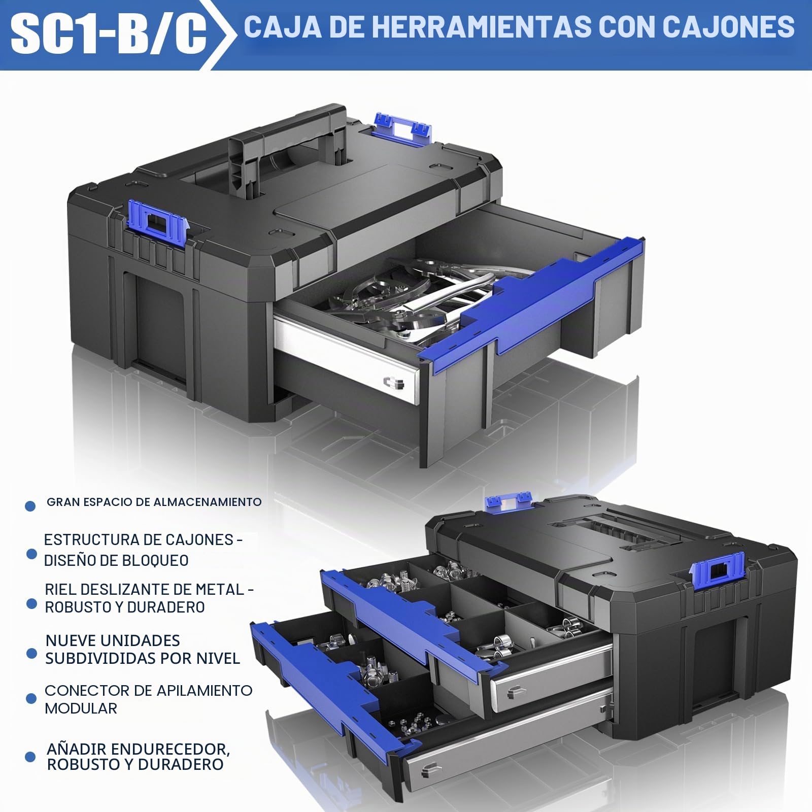 Caja de herramientas de 5 capas vacía con ruedas, modular, caja de herramientas apilable, caja de herramientas portátil vacía con cajón, resistente y duradera, para garajes, reparaciones domésticas