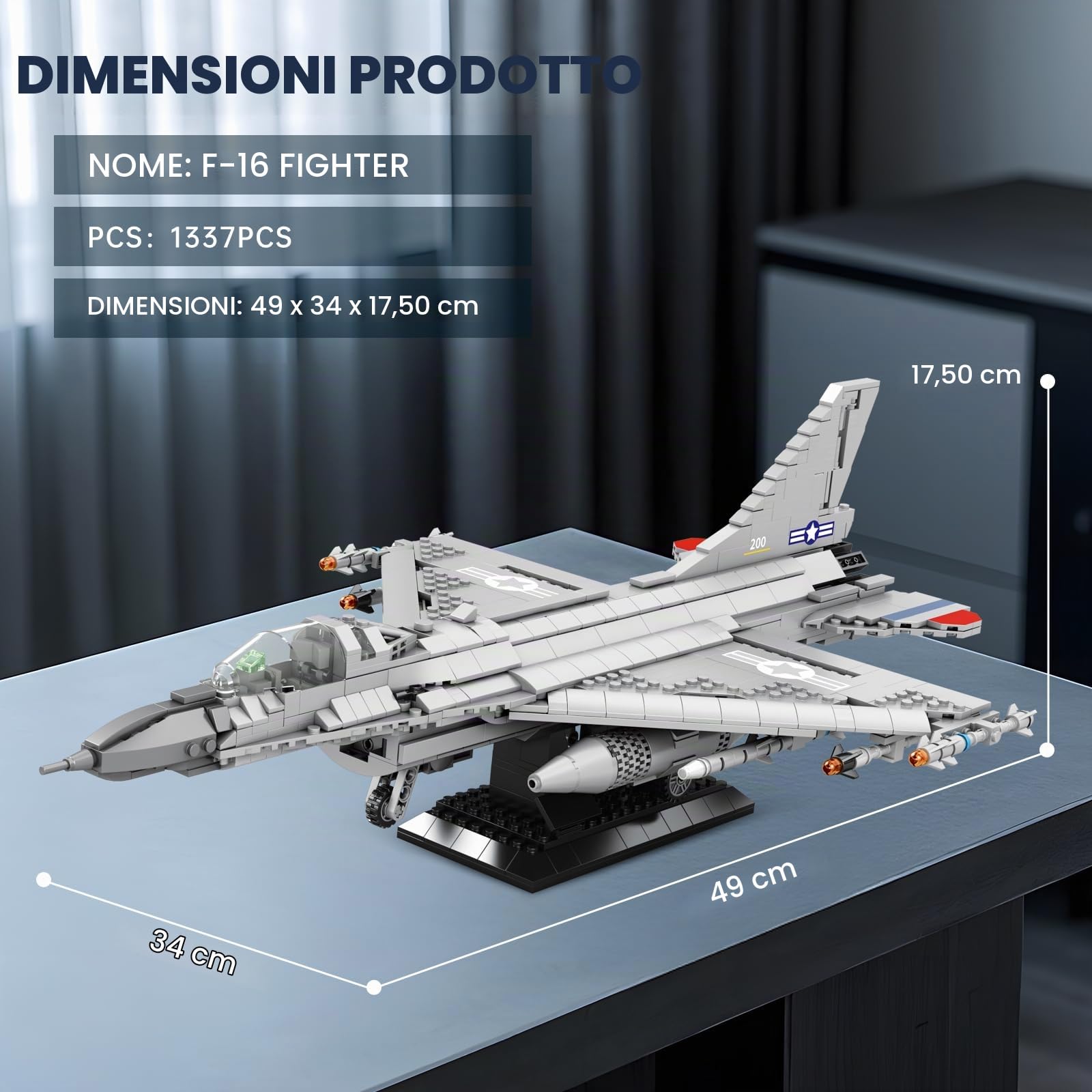 Reobrix Caccia F-16 Costruzione Set, Modello esposizione di caccia militare, Set di giocattoli dell'esercito con aereo Falcon Aeronautica Militare, 33027 Regali appassionati aviazione bambini 14+