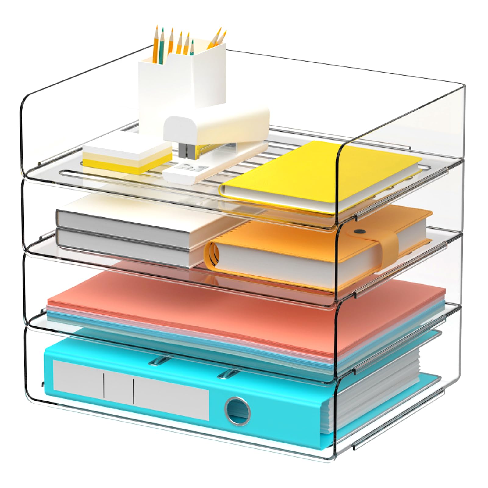 Desk Organizer Stackable Desk Paper Letter Tray Organizer Office Desktop File Paper Holder Book Storage Organization Rack (Clear, 4 x Wide Entry)