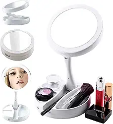 Espelho de Maquiagem com LED Dupla Face 10x – Articulável, Retrátil e Dobrável com Base Organizadora – Branco Elegante - FEZTEZZO