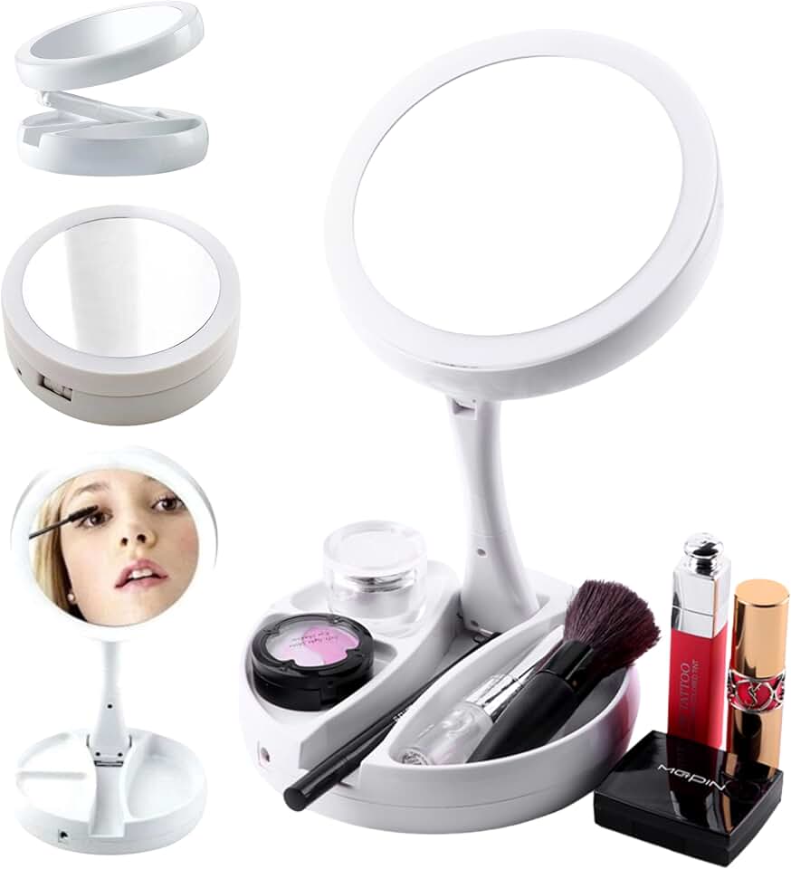 Espelho de Maquiagem com LED Dupla Face 10x – Articulável, Retrátil e Dobrável com Base Organizadora – Branco Elegante - FEZTEZZO