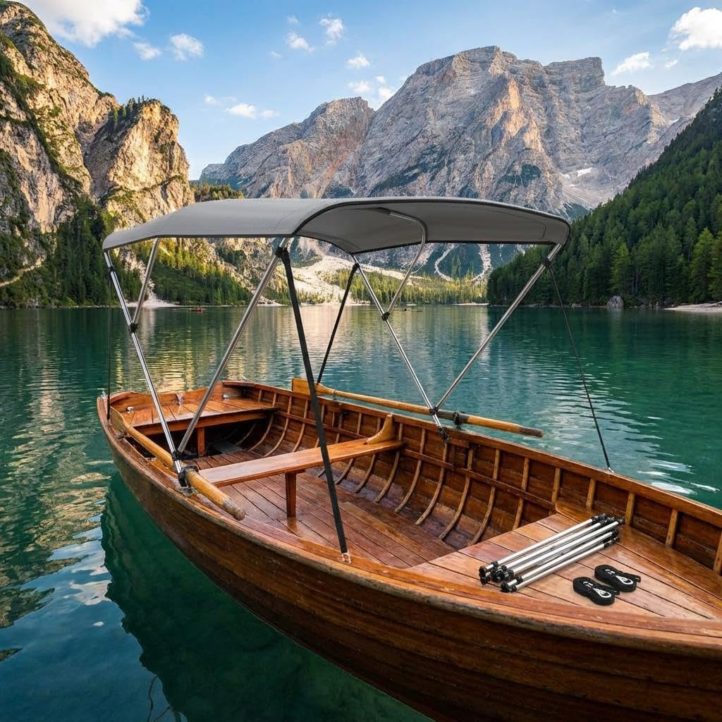 Boat Bimini Top with 2 Removable Side Curtains, 6'L×46" H×79"-84" W, Bimini Tops for Boats, 90% UV-Block Marine Canopy, 2 Rear Support Poles, Detachable Mesh Sidewalls, Waterproof Sun Shade