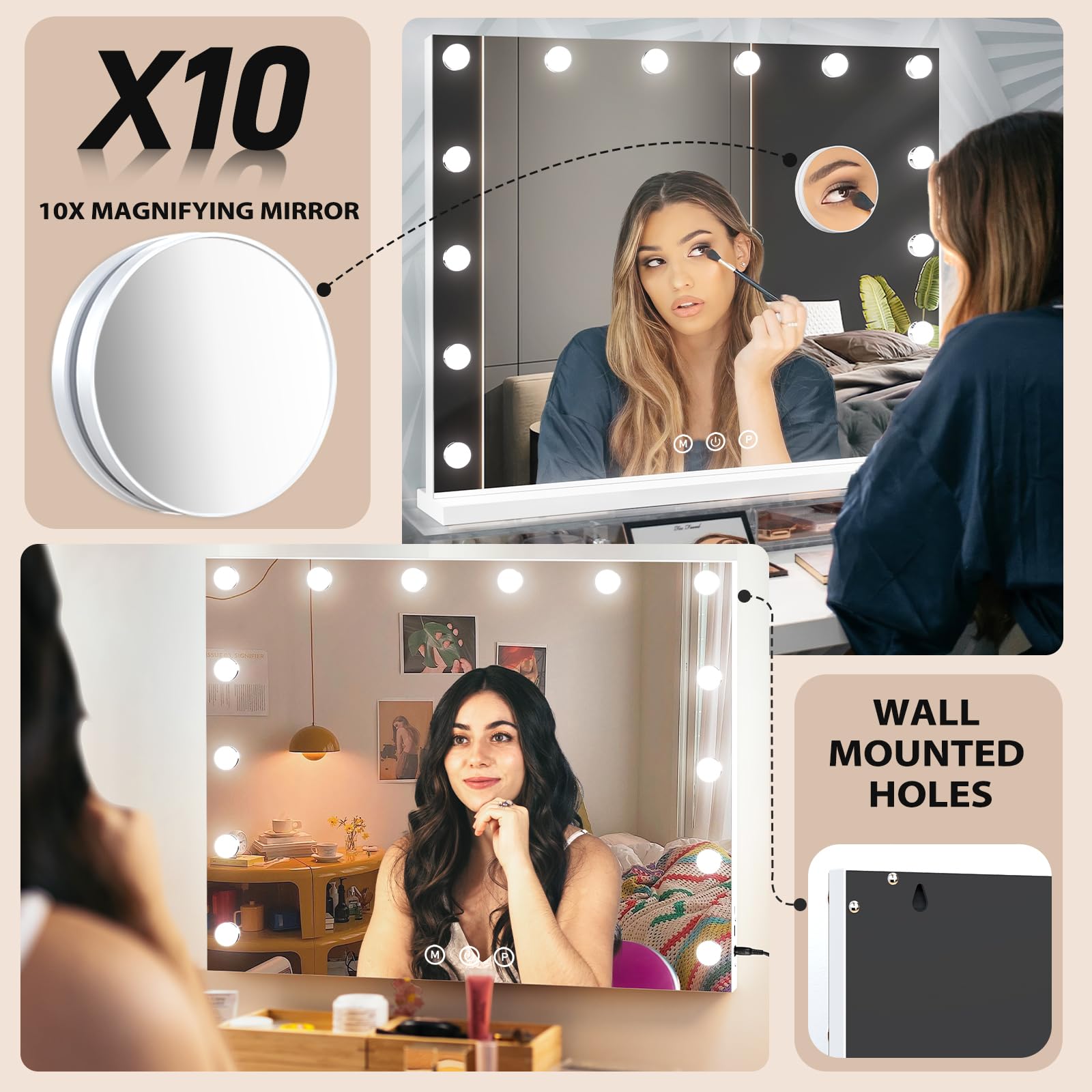 Hollywood Specchio Trucco con Luc, 50x42cm Specchio con Luci 14 LED, 3 Modalità Illuminazione Regolabile, Controllo Tattile, Porte USB, Specchi da Tavolo per La Camera da Letto Spogliatoio