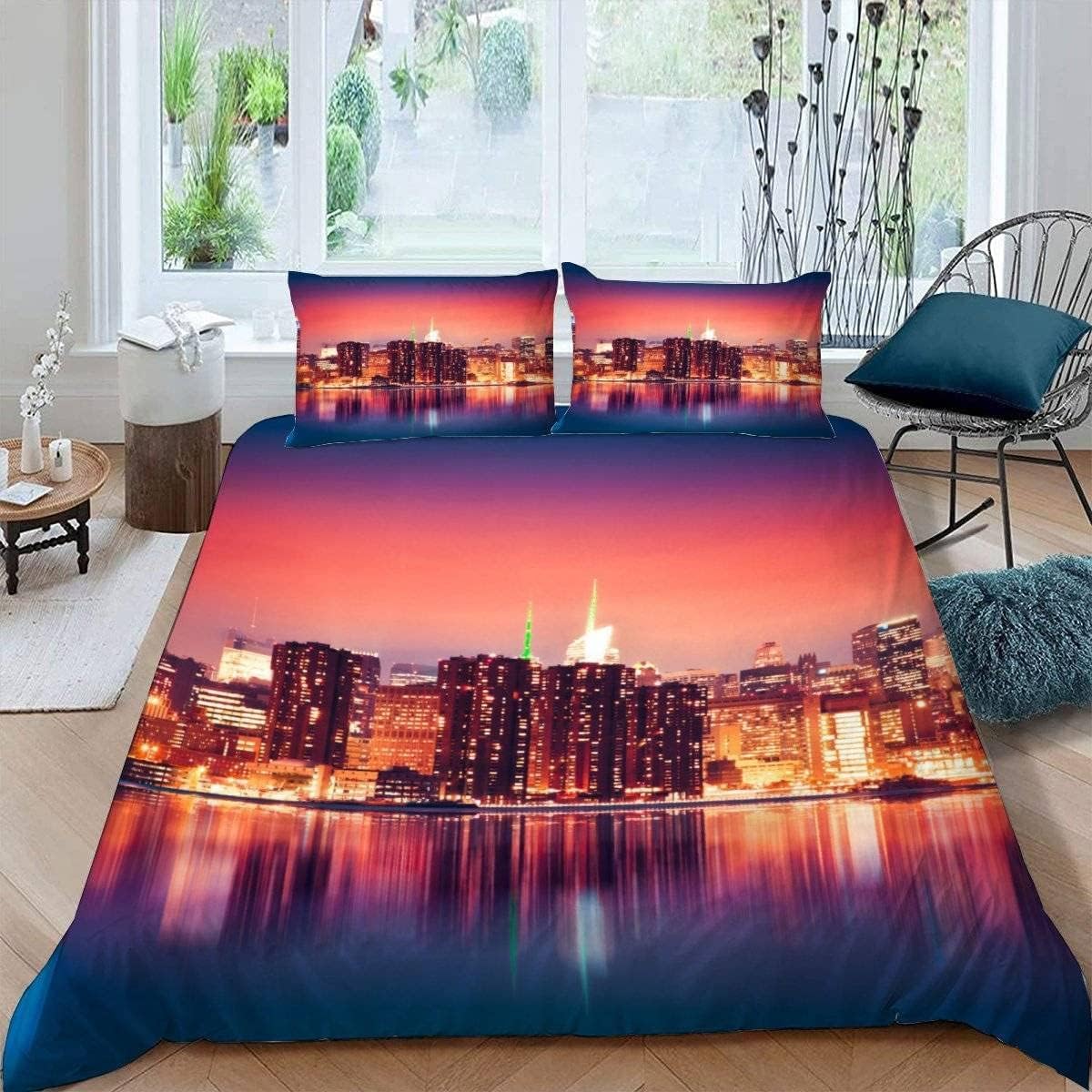 Funda Nordica Cama 180 Puesta de Sol Funda Edredon 260x240 Paisaje Urbano Moderno 3D Fundas de Edredón Microfibra Suave Ropa de Cama de 3 Piezas con Cremallera y 2 Fundas de Almohada K-1358