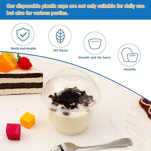 Miniatura 3 de Paquete de 50 vasos de postre de plástico transparente de 5 onzas con tapas de cúpula, vasos de plástico transparente desechables, vasos de plástico
