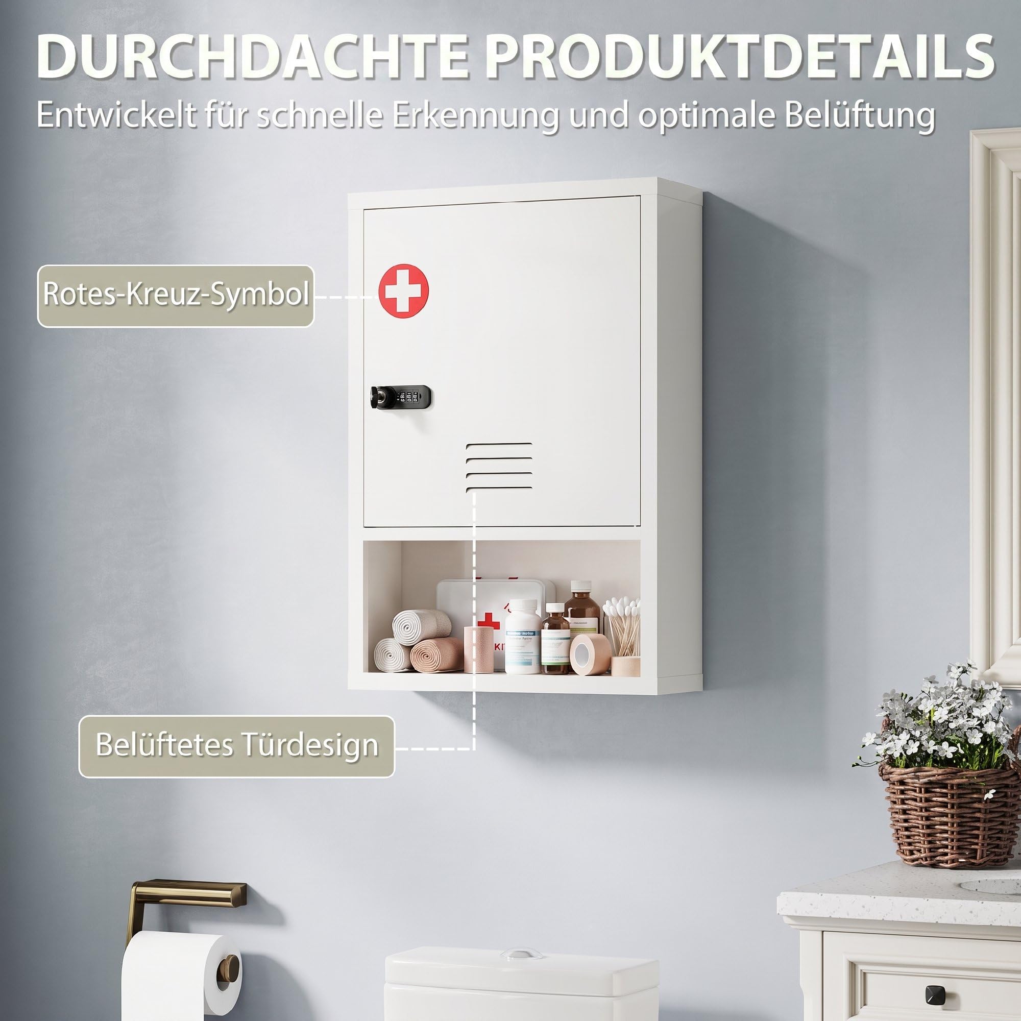 HOMCOM Armoire à pharmacie avec serrure à combinaison - 3 étagères - 60 x 40 x 15 cm - Blanc