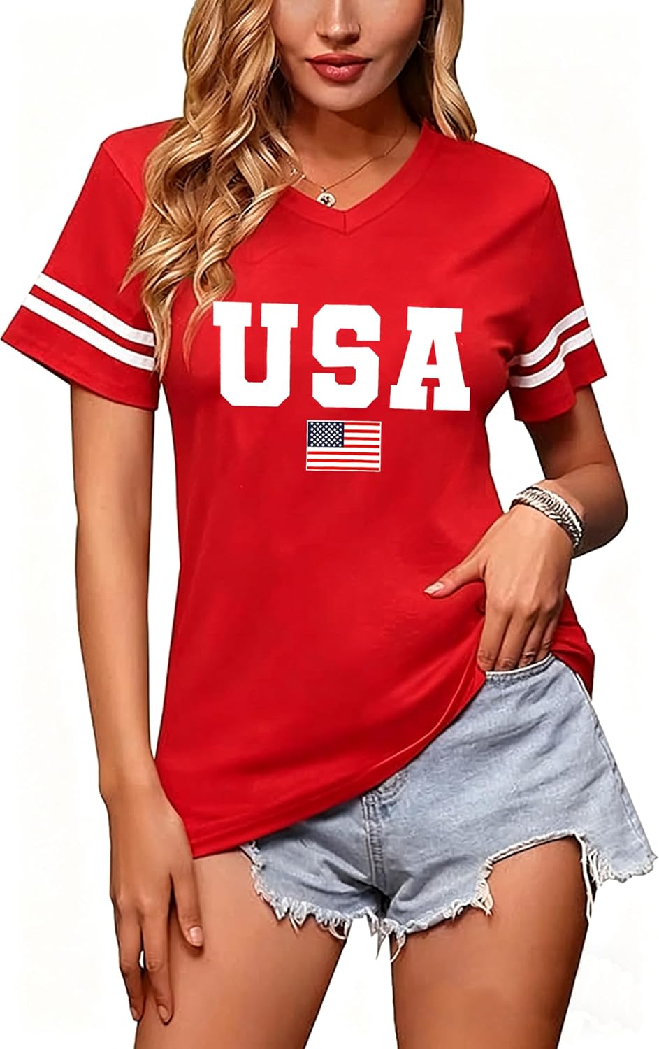 OJLPHH American Flag Shirts Women V-Neck 4th of July Patriotic Graphic Tees Shirts Short Sleeve Summer T-Shirt