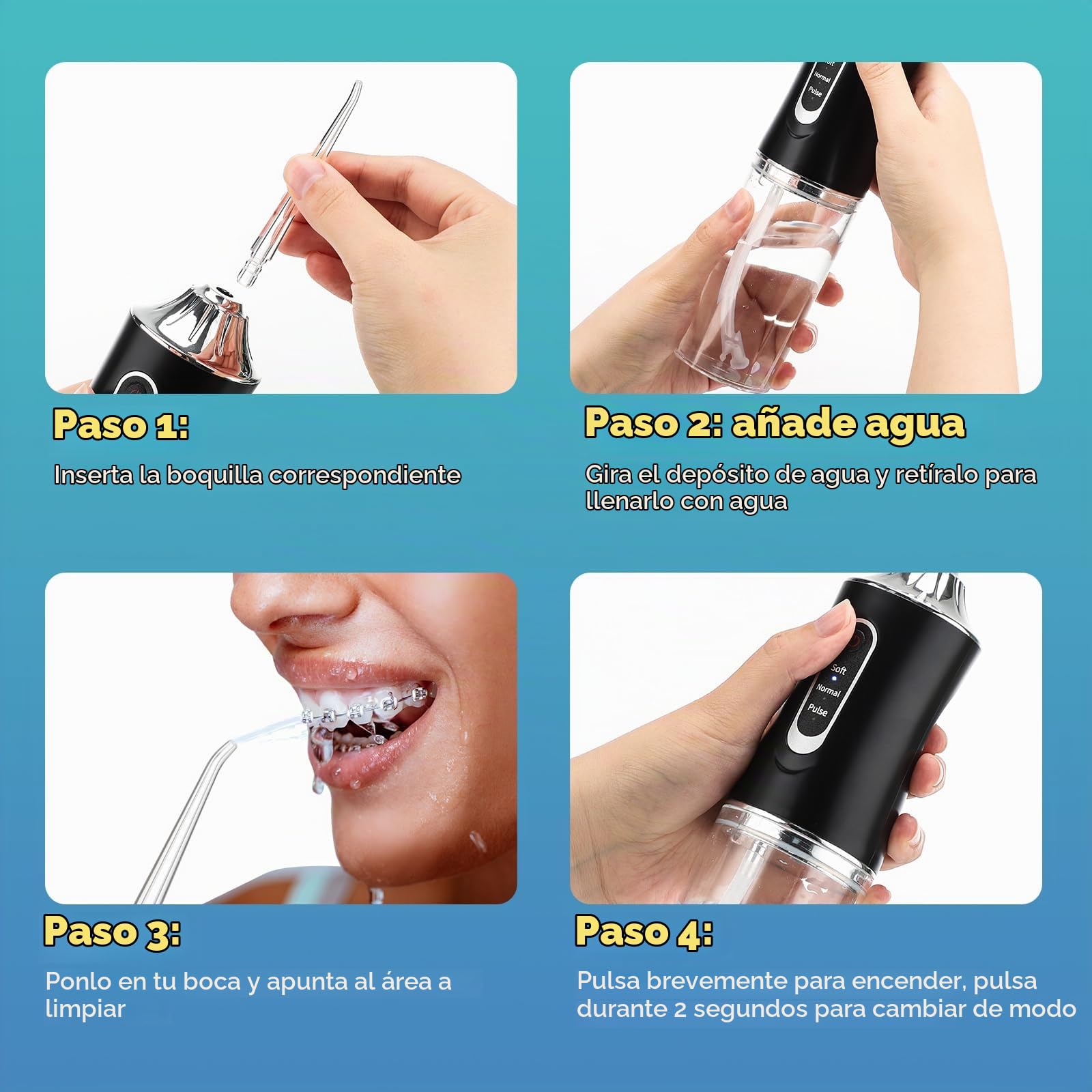 Irrigador Bucal Inalámbrico para Dientes, Limpiador Dental Recargable con 4 Boquillas para Limpieza Profunda, Irrigador Dental IPX7 Impermeable para Uso Diario en Casa
