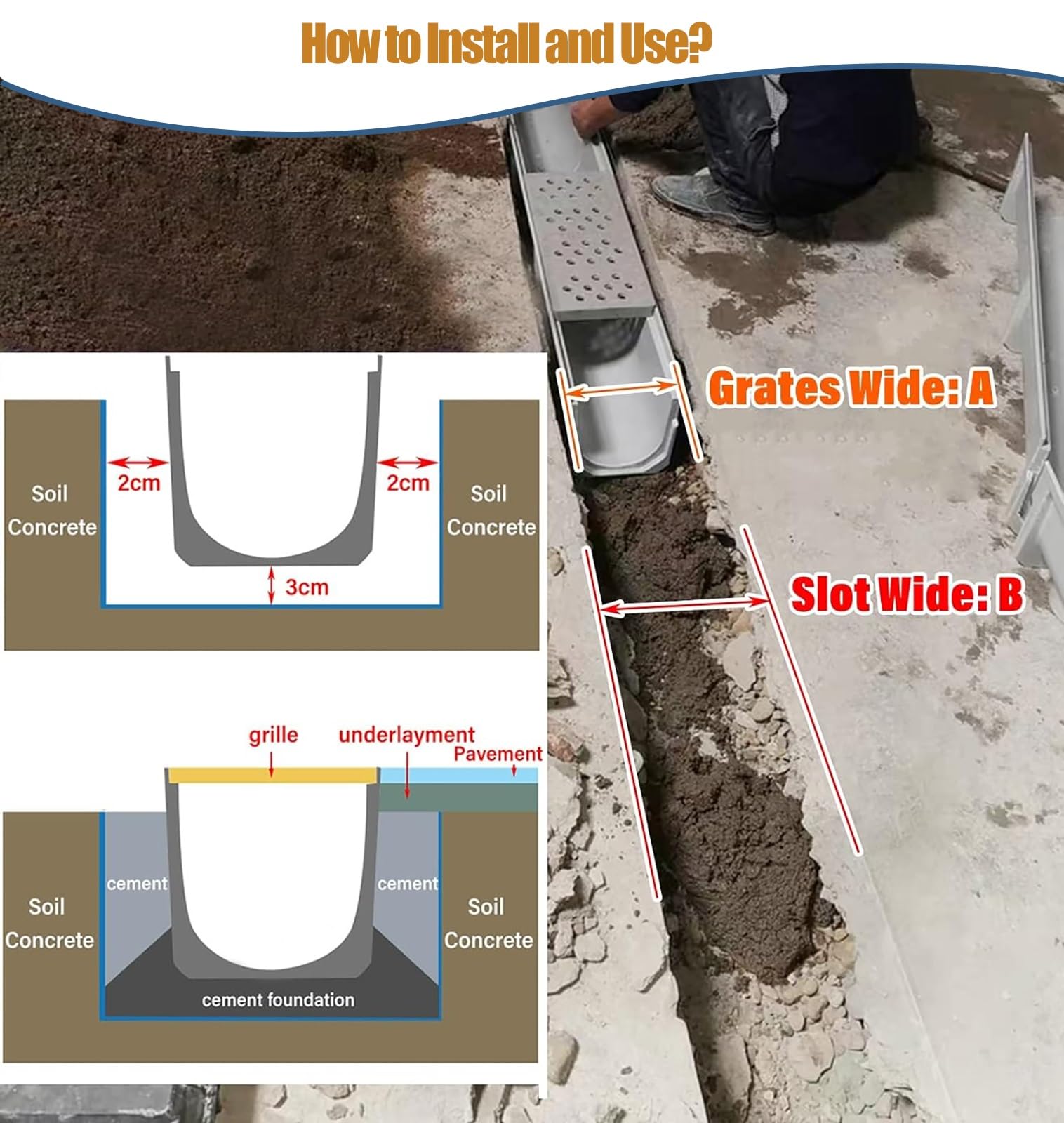 Genérico Sistema de Drenaje de Zanja de Alta Resistencia para jardín, Entrada de vehículos, Piscina y Patio - Kit de Drenaje de Canal subterráneo con Rejilla de Acero in