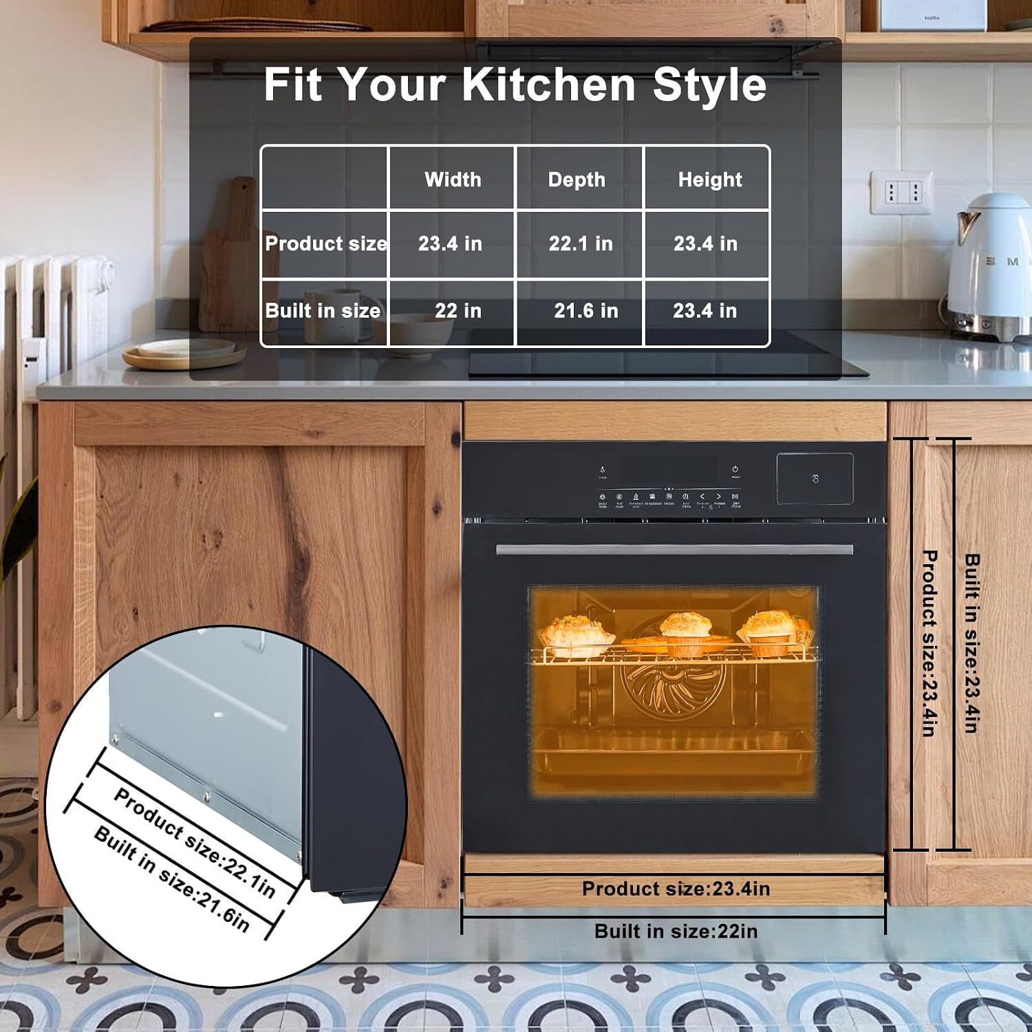 24 Inch Built-In Steam & Convection Oven with 8 Cooking Functions, 2.5 Cu.Ft Capacity, Food-grade Enamel Cavity, Touch Control,108 Smart Recipes, Stepless Temp Adjustment (Stainless Steel/Black)