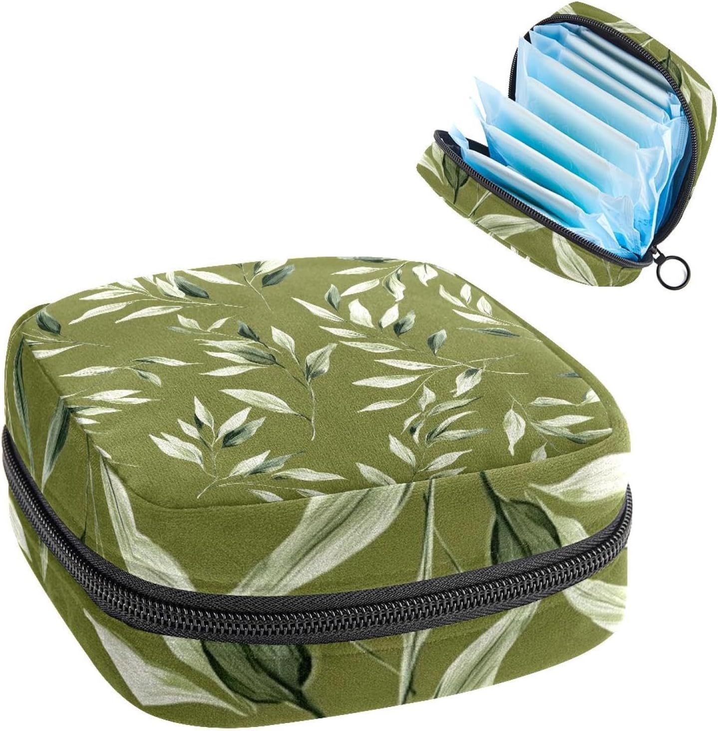 1Pc Portable Sanitary Napkin Storage Bag, Menstrual Cup Pouch, Feminine Care Pads Bag for Girls Women, Tampons First Period Kit, Sage Green Leaves Pattern