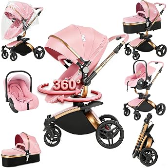 PU-Leder Kinderwagen 3 in 1 360  Drehbarem Sitz Kinderwagen Set Offene Sicht Kombikinderwagen 3 in 1 Komplettset Zwei-Wege-Schiebefunktion Reisesysteme 906 Pink