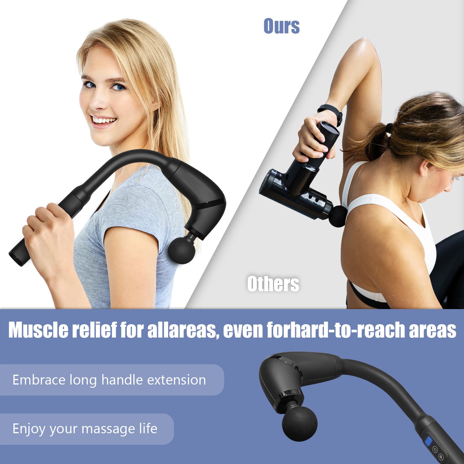 Pistola de Masaje Muscular con Mango Extensible Desmontable, Pistola Masaje Massage Gun Profesional Eléctrica with LED Screen para Relajación, Aliviar el Dolor
