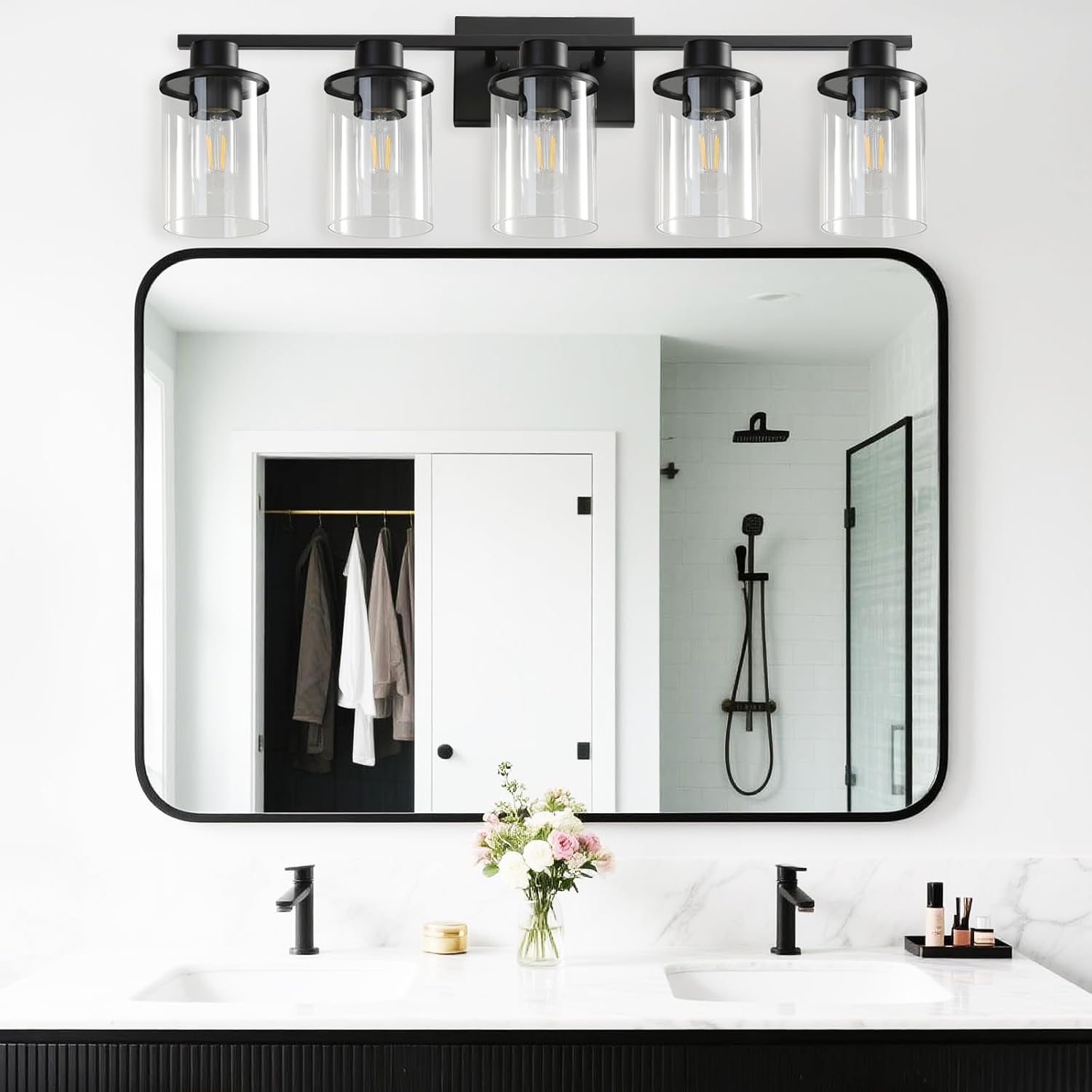 lousace 5 light bathroom vanity light, matte black bathroom light fixtures, modern bathroom lights over mirror with clear glass shade, wall sconce lighting for bedroom living room 5 light matte black