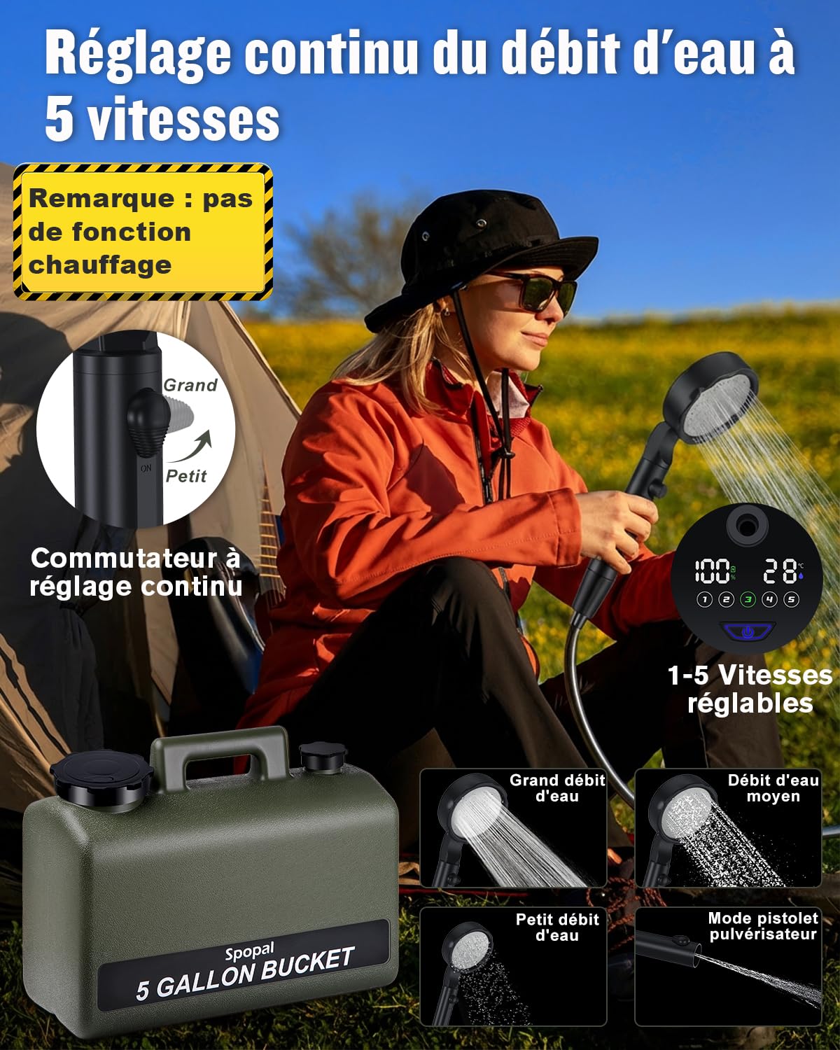 Spopal Douche Portable,[20L&IPX8 Étanche] Kit Douche Camping,avec Seau,Robuste,Durable,10000mAh,Charge Type-C,5 Vitesses,Écran Intelligent,pour Bain des Animaux,Camping et Voyages