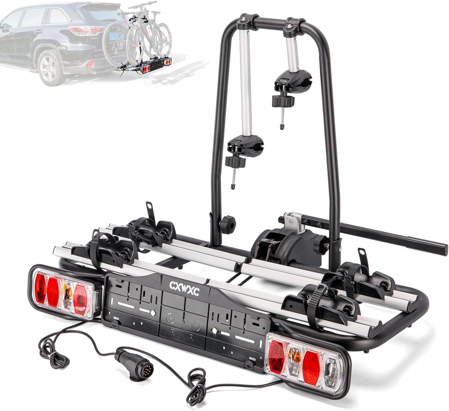 Portabicicletas para Coche con Capacidad de Carga de 60 kg, Sistema de Cierre de Seguridad, iluminación integrada y Soporte para matrícula