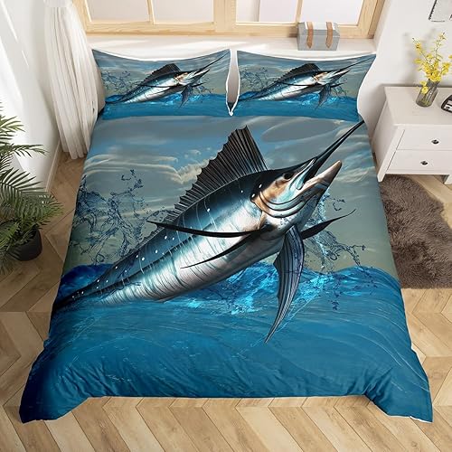 Funda de edredón verde azulado con diseño de pez espada marlin, juego de ropa de cama con temática de pesca náutica para niños, adolescentes y