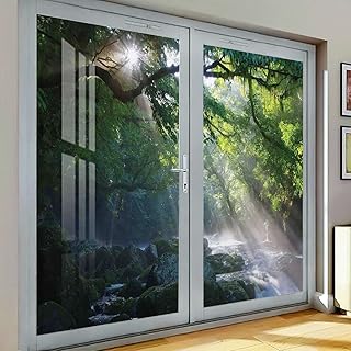 Window Film No Adhesive Removable,Decorative Privacy Window Film,Privacy Glass Film for Bathroom Office Home, Jungle Sunlight Trees 35.4Wx78.7L-inch x2 Pcs