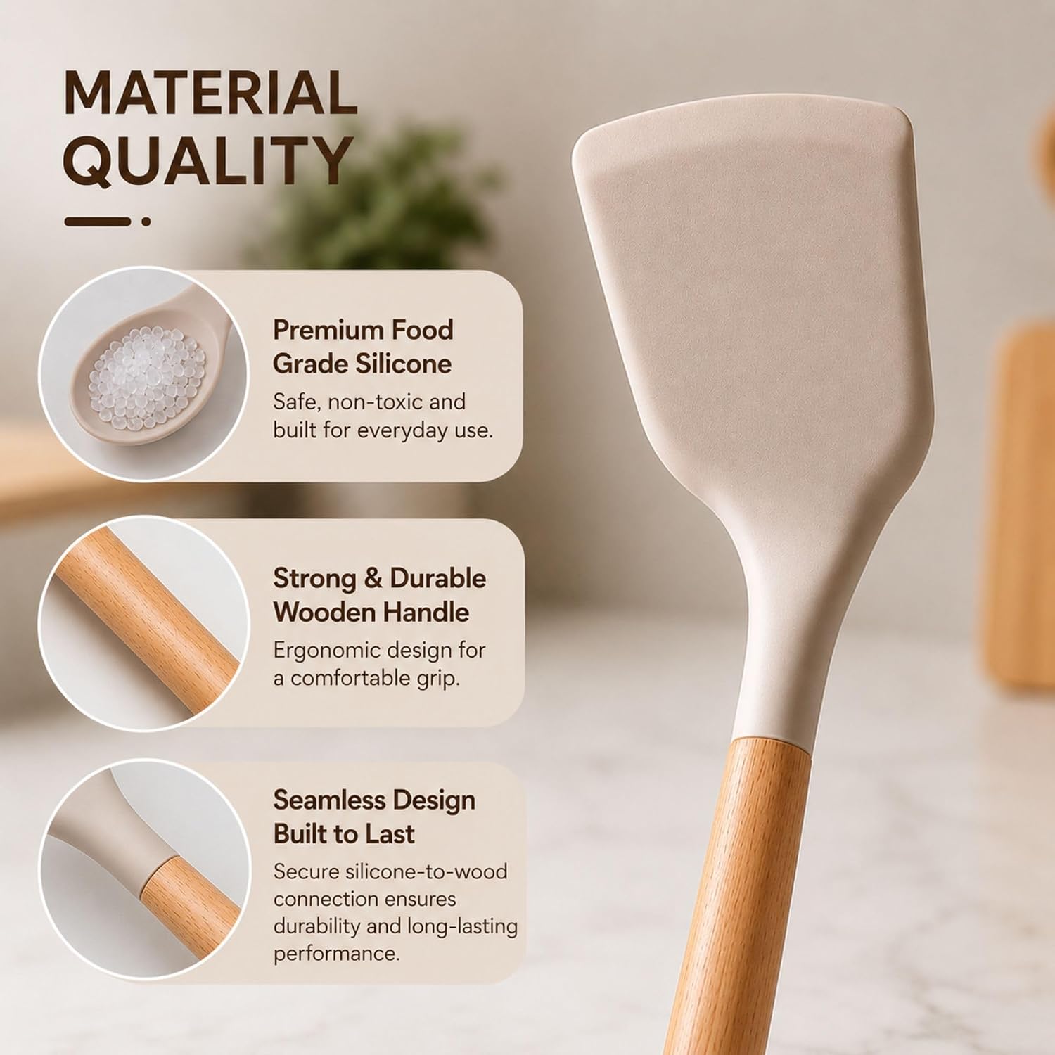 33 PCS Silicone Kitchen Utensils Set– Nonstick Cooking Utensils Set, Heat Resistant Kitchen Gadgets with Wooden Handles, Spatula Spoon Turner Whisk Tongs Cooking Tools Set for Kitchen, Khaki