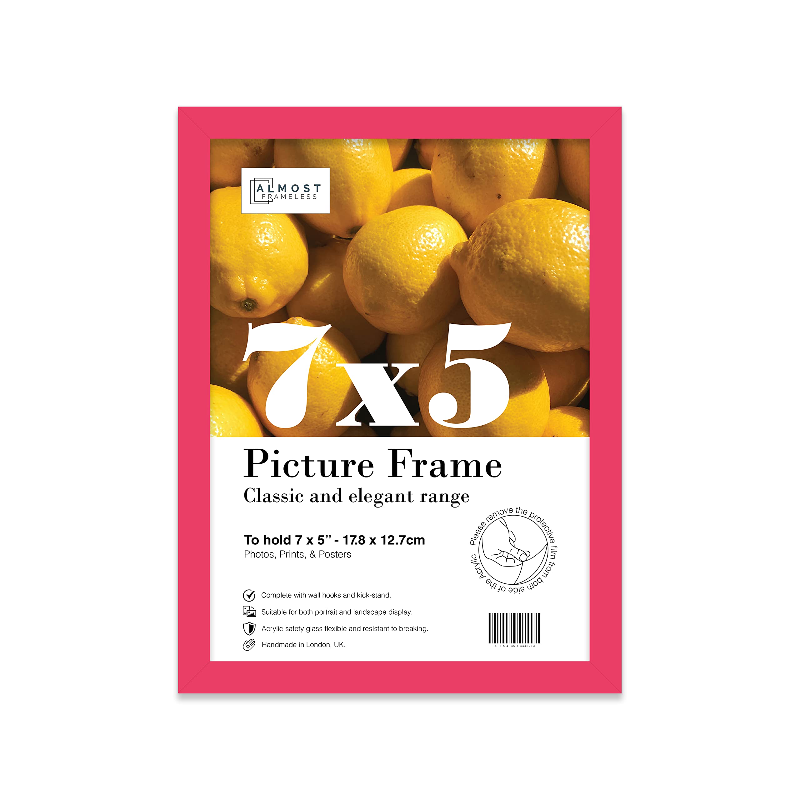 Almost Frameless 7x5 Bright Pink Picture Frame 7"x5"(17.7x12.7cm) Poster, Photo, Artwork, or Print. Thin Edge Slim Frame Portrait and Landscape Display with Wall Hooks