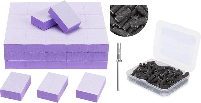 50 PCS Mini Nail Buffer Blocks 80/100 Grit & 100 PCS 3.1mm Sanding Bands with Mandrel 180 Grit Bundle Professional Manicure & Pedicure Kit