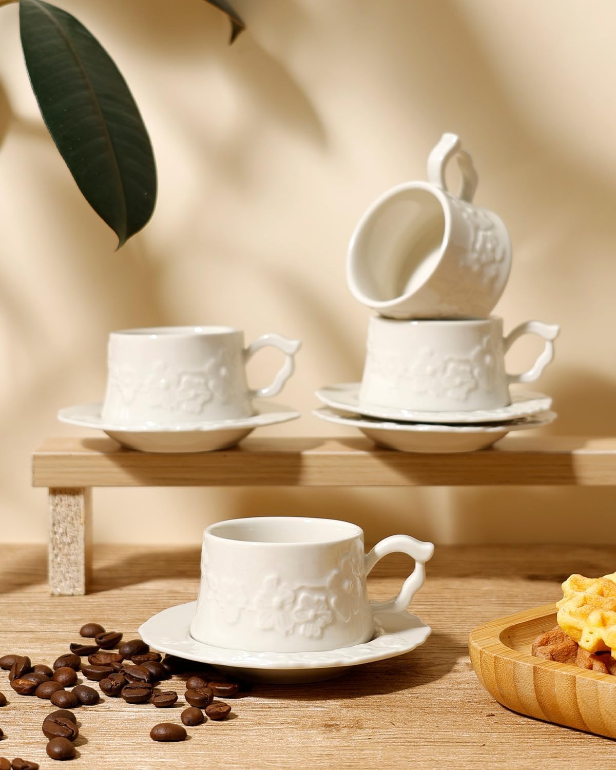 Ceramic Espresso Cups and Saucers Set of 4, Floral Petal Design Cappuccino Cups with Handles, Vintage Style Porcelain Coffee Cup Set, Microwave & Dishwasher Safe(Cream-Flower)