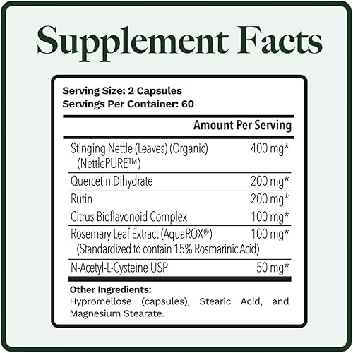 Miniatura 2 de Allurtica  Cápsulas de suplemento de hoja de ortiga natural, suplemento de hierbas con quercetina y ortiga para adultosniños sin somnolencia, 120