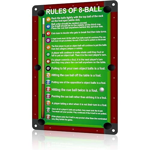 Pool Table Room Decor 8 Ball Rules Sign Pool Table Accessories Metal Tin Wall Art for Billiard Game Room Man Cave Bar Decor 8x12 Inch