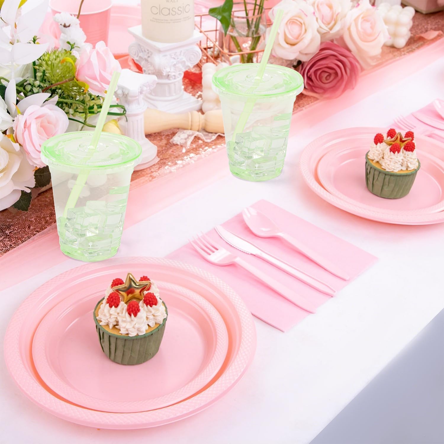 100 Set Green Plastic Cups with Lids and Straws 12 oz Disposable Drinking Clear Cups for Wedding Green Birthday Party Supplies