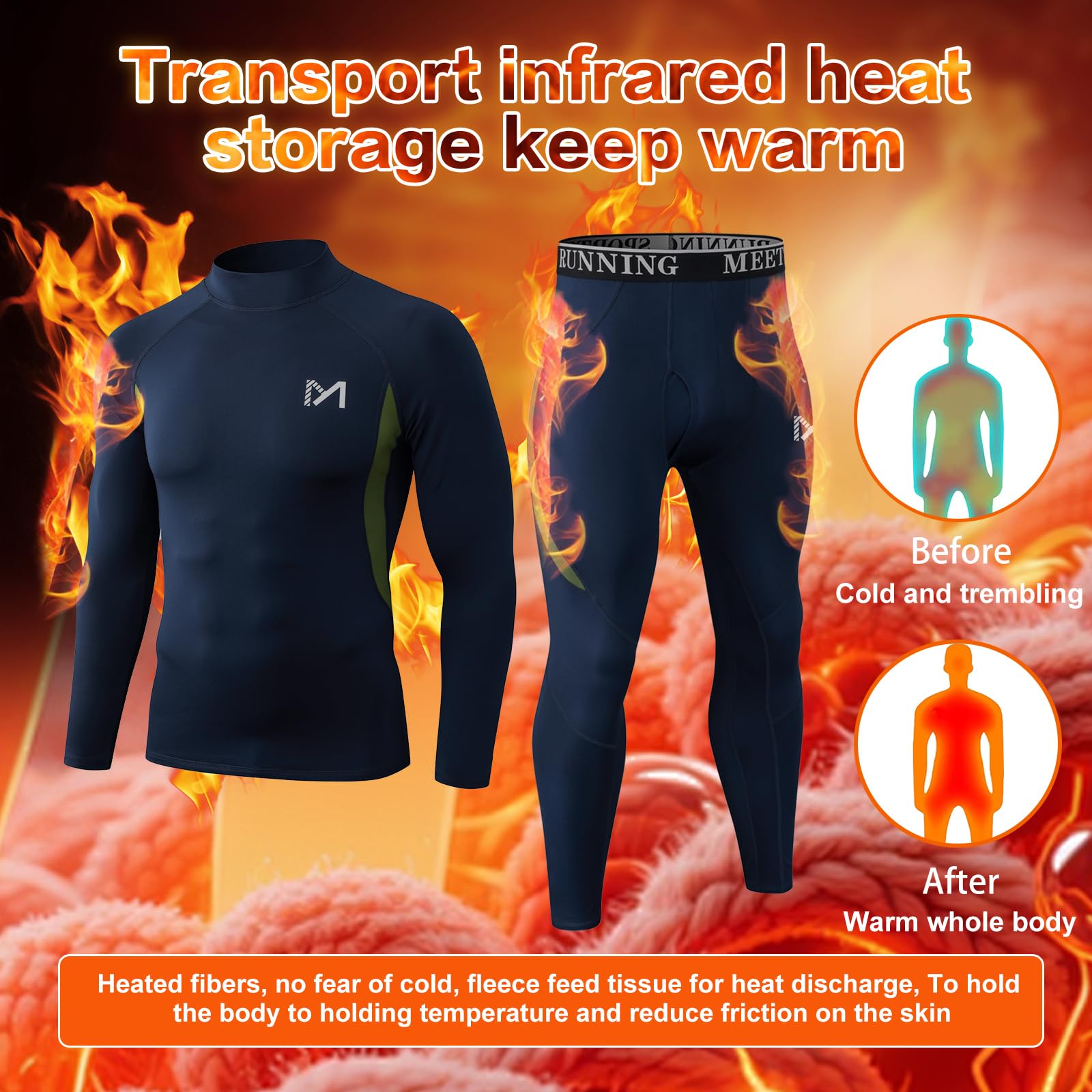 MEETYOO Intimo Termico Uomo a Manica Lunga Set Top e Pantalone per Inverno, Traspirante e Anti-umidità per Sport Invernali, Caccia, Sci