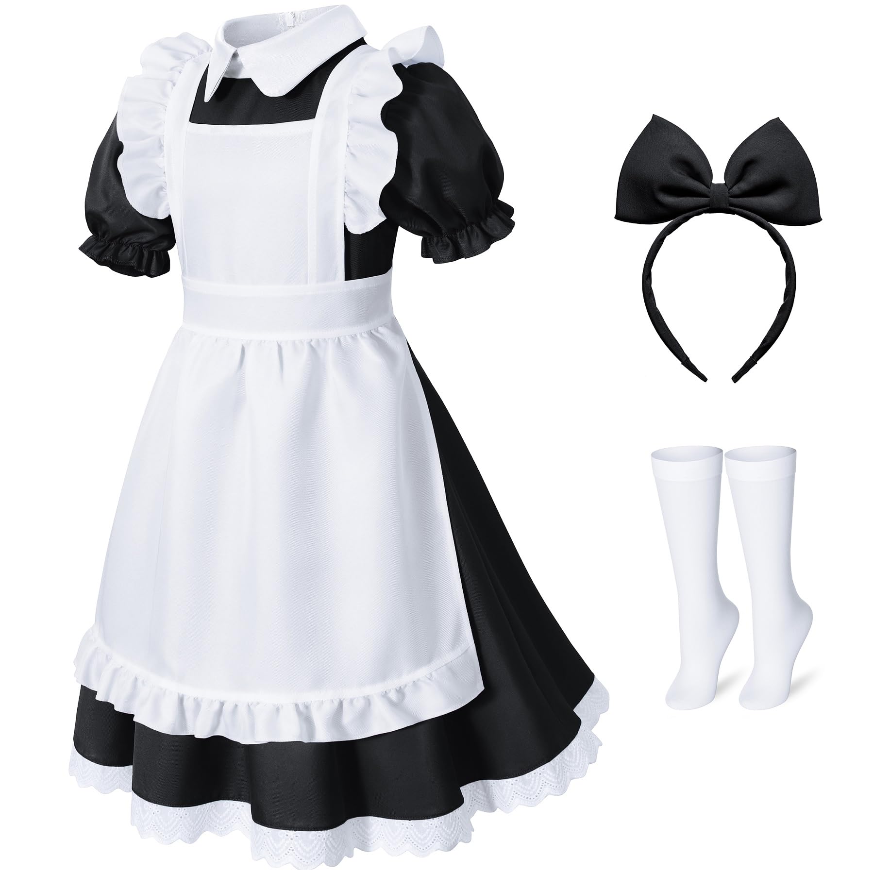 Irtysh Girl Blue Dress White Apron Halloween Cosplay Costume With Bow Hair Band Stockings Set