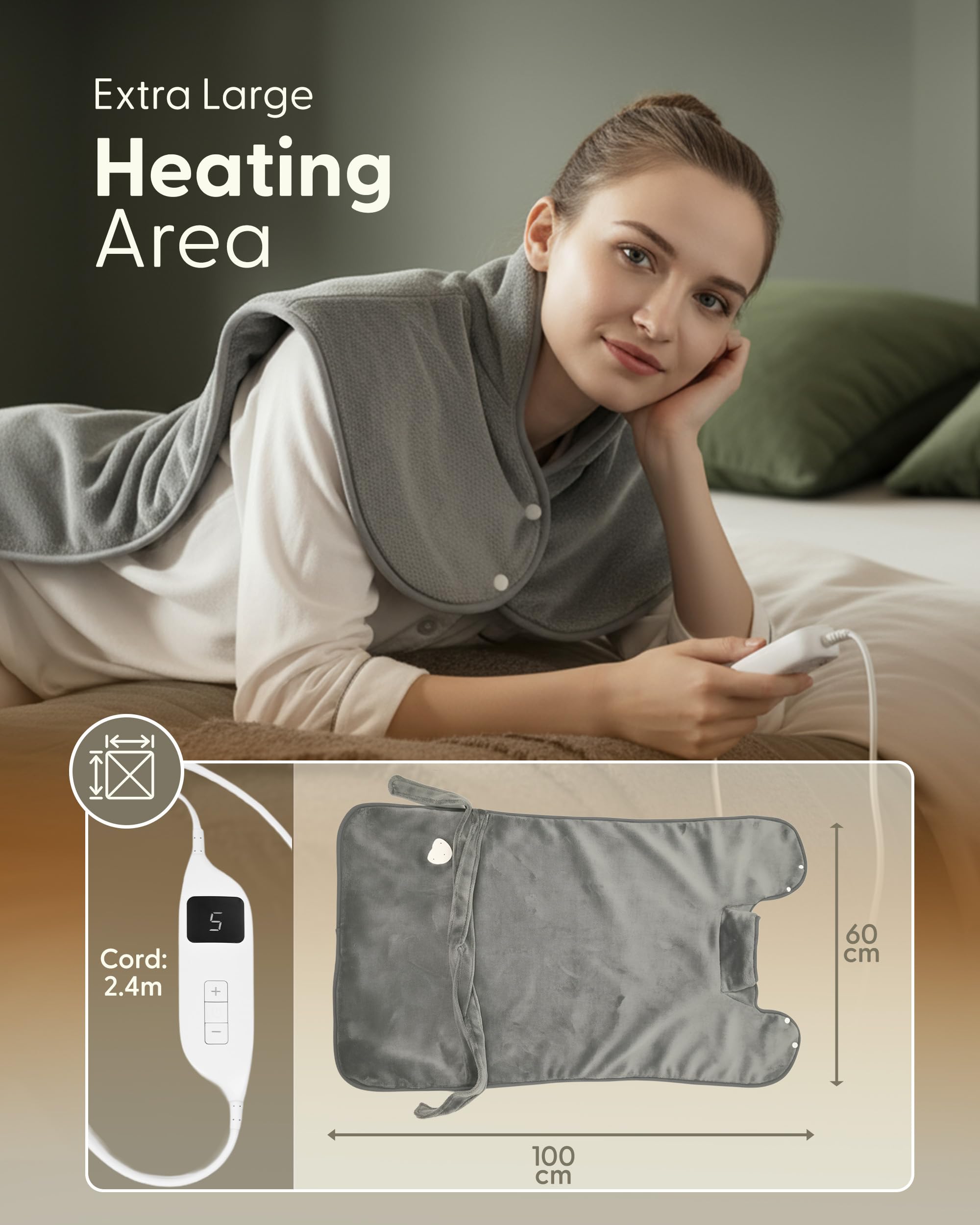 Keplin - Cojín térmico eléctrico para espalda y hombros, 60 x 100 cm, franela súper acogedora, 9 ajustes de calor y protección contra sobrecalentamiento, 3 modos de temporizador (30/60/90 minutos