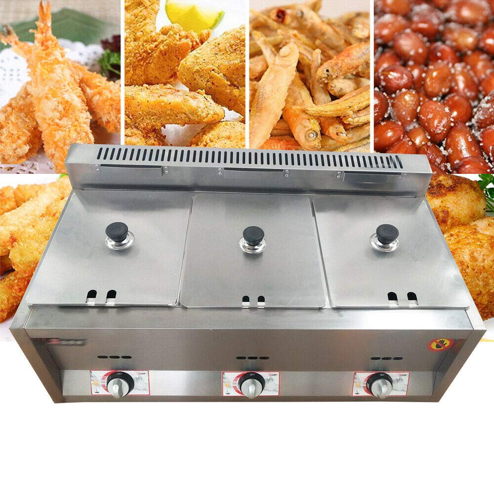 18 Liter 3 Tanks Commercial Stainless Steel Deep Fryer High Capacity Professional Gas Countertop Kitchen Frying Machine for French Fry Restaurants Supermarkets Fast Food Stands(18L)